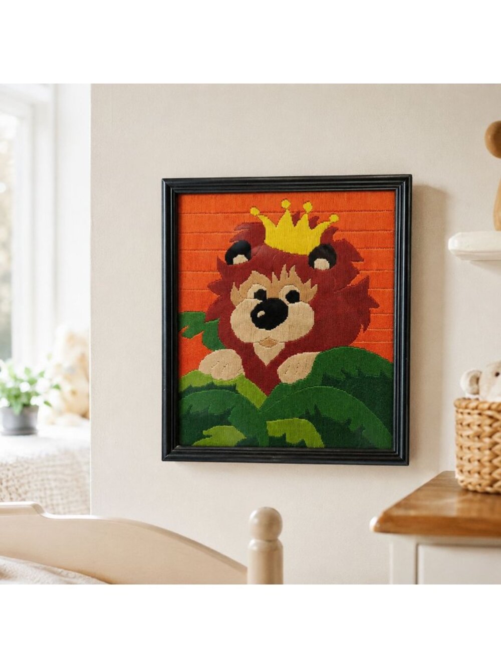 Lion King Needlepoint Framed in Black Wood Frame 10.7 x 9.5" Vintage